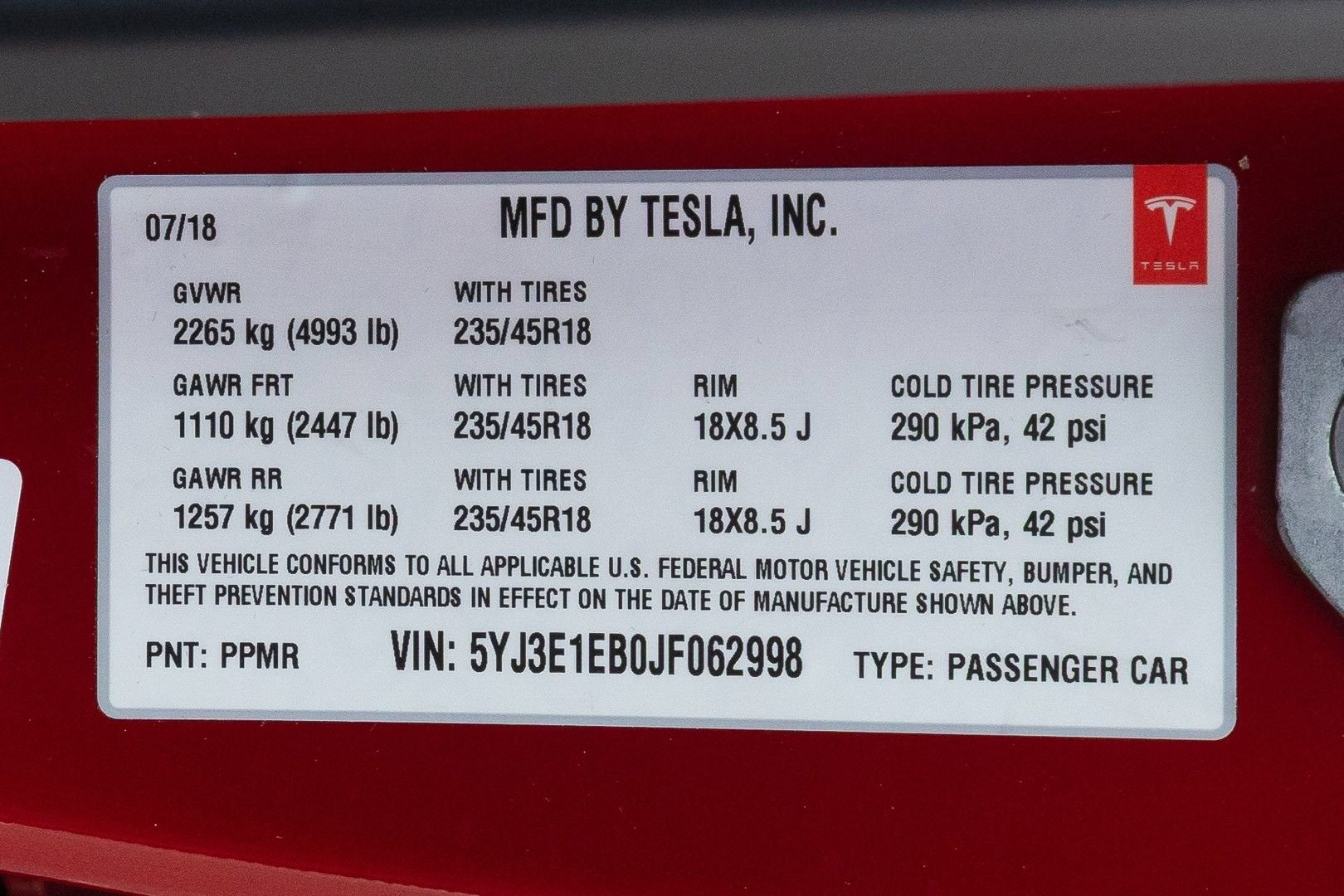 2018 Tesla Model 3 Long Range Battery